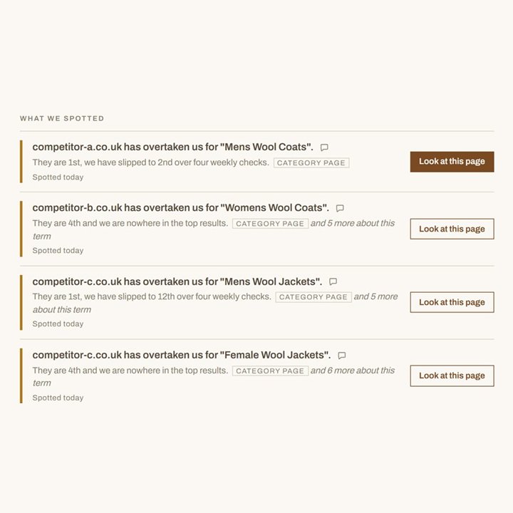 AI SEO dashboard alerts showing where a competitor has overtaken the store for a search term